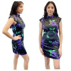 Milly Black Satin Floral Sheath Dress with Purple & Green Print